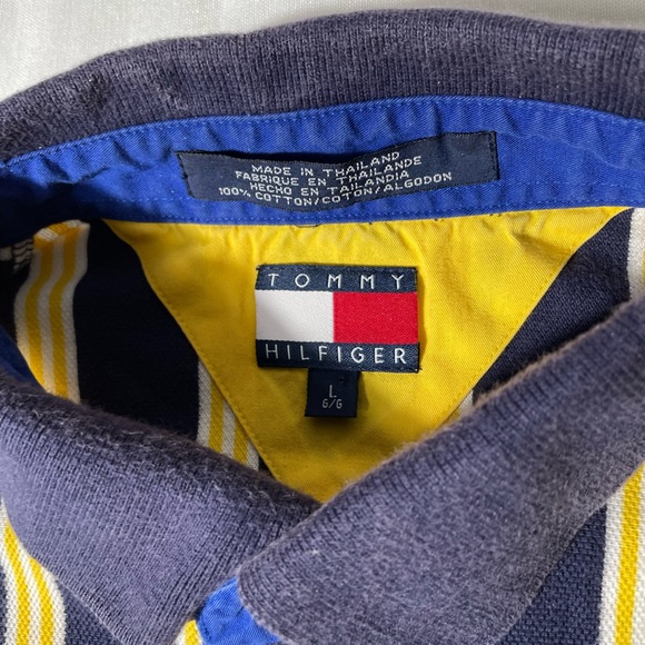 Vintage Tommy Hilfiger vertical striped blue and yellow polo shirt men’s size L - Picture 5 of 5